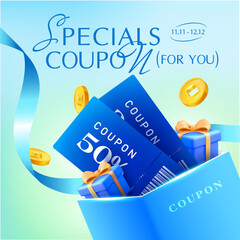 3d elegant coupons inside a gift box with golden coins and ribbons flying around, isolated on background. Elegant gift vouchers with coupon code, price off banner template in 3d vector. Vector