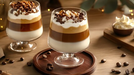 Layered coffee latte in a glass cup