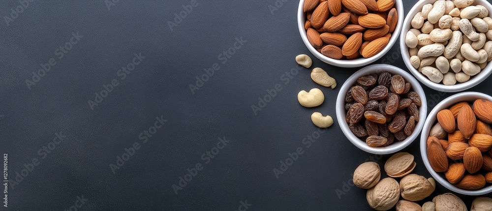 Poster four white bowls filled with different types of nuts on a dark blue background. the bowls are arrang