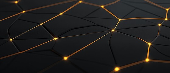 Abstract digital art piece with a black background. it features a network of interconnected lines and dots that form a hexagonal shape.