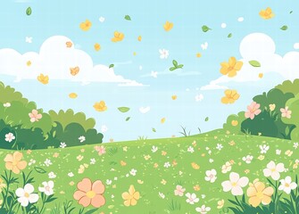 spring background with flowers and text Hello Spring. Hand-drawn illustration of cute flowers, leaves, and petals on a pastel-colored field
