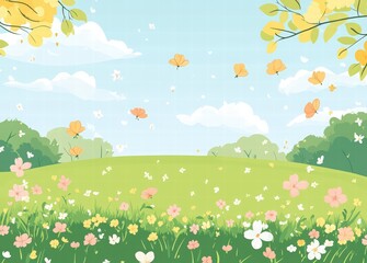 spring background with flowers and text Hello Spring. Hand-drawn illustration of cute flowers, leaves, and petals on a pastel-colored field