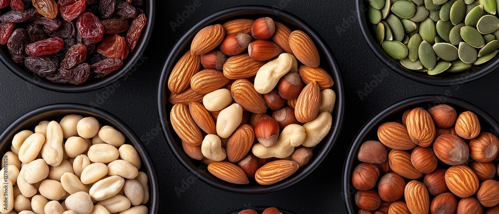 Poster collection of six black bowls filled with different types of nuts. the bowls are arranged in a grid-
