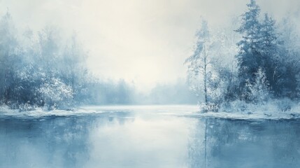A frozen lake and trees are reflecting in the water