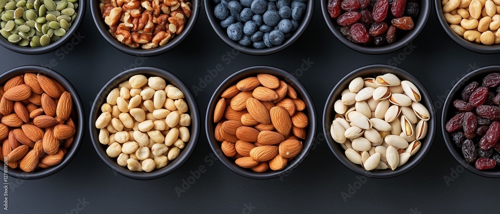 Poster collection of nine small black bowls filled with different types of nuts. the bowls are arranged in 