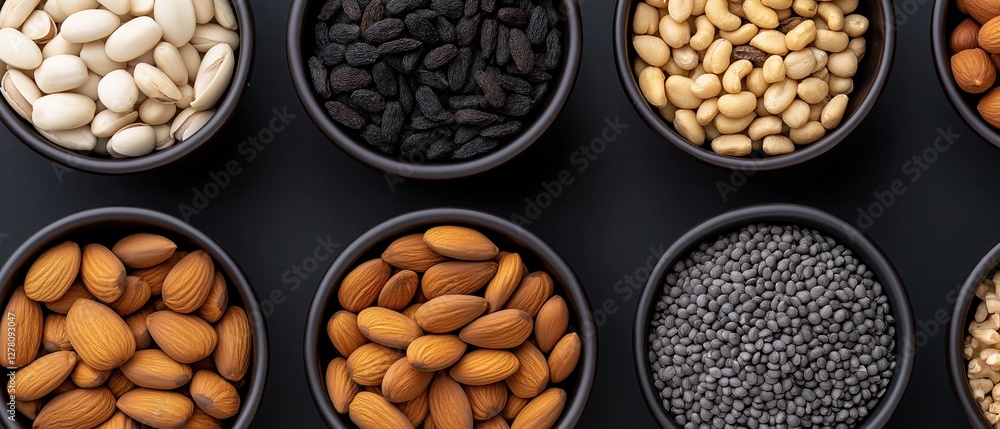 Poster collection of nine small black bowls filled with different types of nuts. the bowls are arranged in 