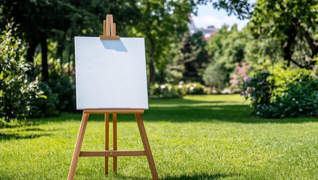 Easel holds blank canvas in park, ready for painting. Green grass backdrop