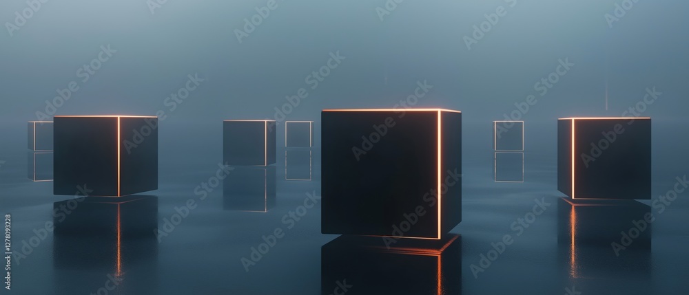 Poster group of six black cubes arranged in a row on a dark blue background. the cubes are of different siz