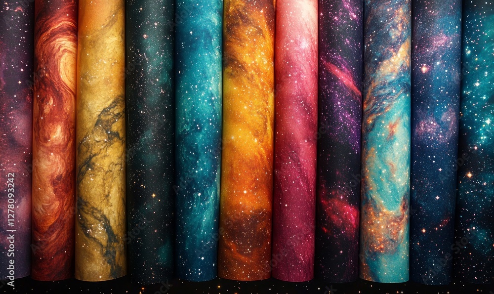 Poster a row of vibrant and colorful patterned rolls, each with a unique design and texture