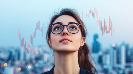 A focused young woman with glasses gazes upward, with a city skyline behind her and an overlay of financial growth charts.