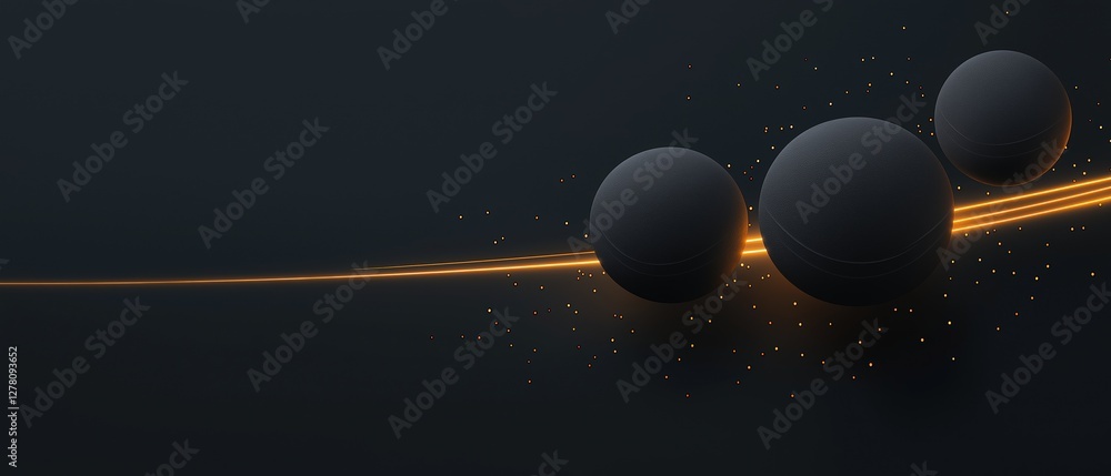 Poster three black spheres on a dark black background. the spheres are arranged in a triangular formation, 