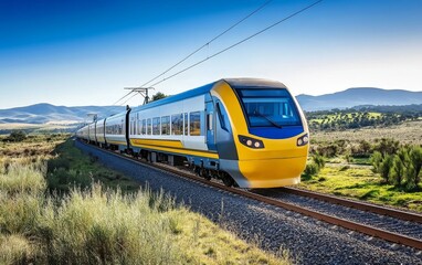 Fototapeta premium Modern passenger train speeding through scenic countryside. Yellow and blue train.