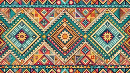 Vibrant Geometric Textile Design Featuring Intricate Patterns and Bold Colors Ideal for Fashion, Home Decor, and Artistic Projects