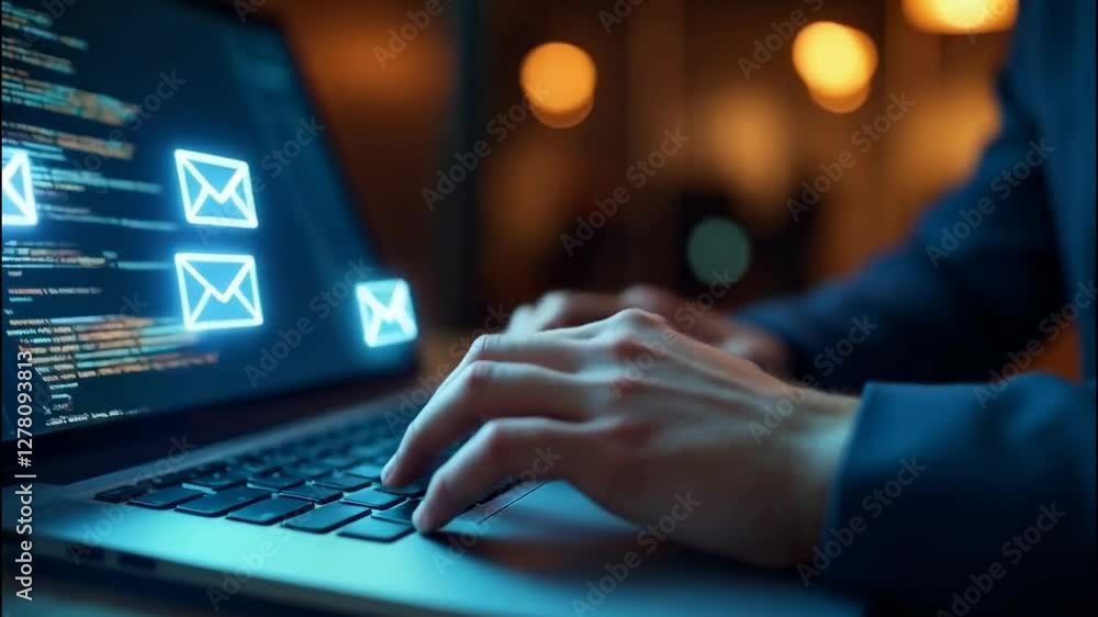 Poster a man is typing on a laptop. on the screen, you can see envelope icons symbolizing emails and lines 
