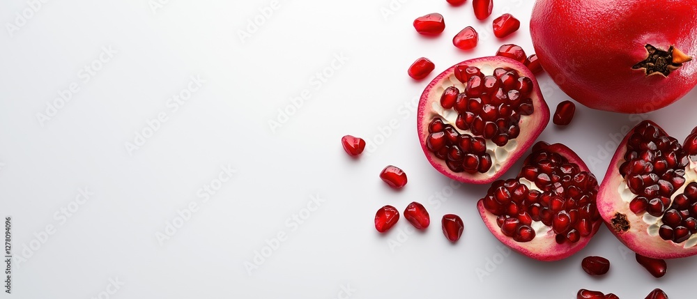 Poster flat lay of a pomegranate on a white background. on the right side of the image, there is a whole re