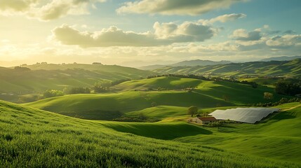 Fototapeta premium Rolling Green Hills Landscape with Solar Panels and Warm Sunset Glow