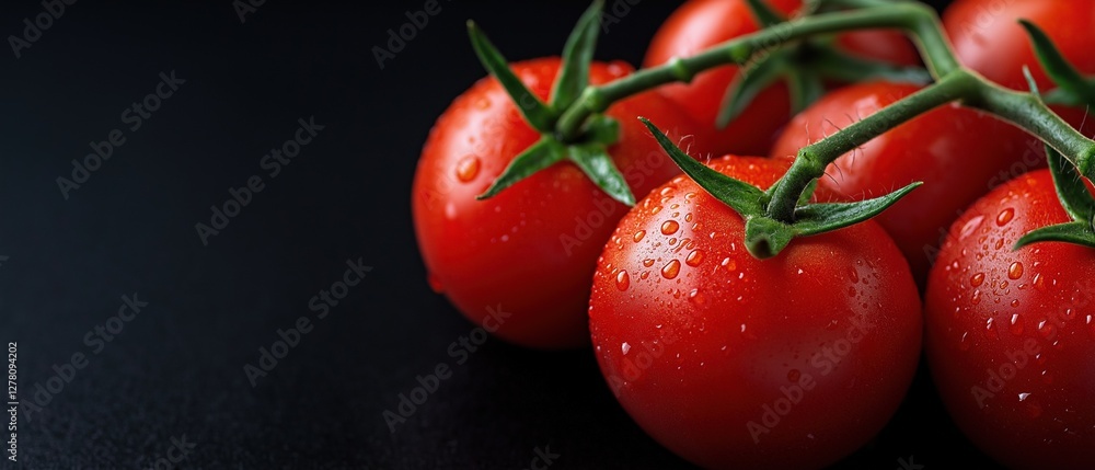 Poster group of fresh tomatoes on a black background. the tomatoes are bright red in color and have water d