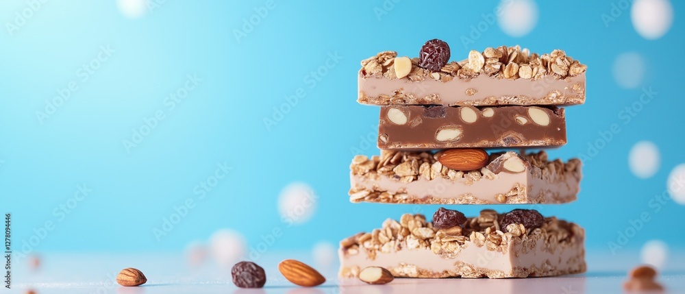 Aufkleber stack of three bars made of granola and nuts. the bars are stacked on top of each other on a light b