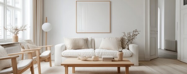 Bright Scandinavian Living Room: Serene White Walls and Abundant Natural Light Create a Cozy Atmosphere
