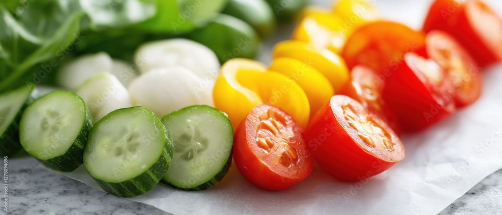 Poster close-up of a colorful array of sliced vegetables on a white marble countertop.