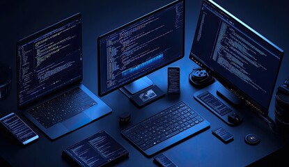 Nighttime tech workspace, computers coding, peripherals, dark background