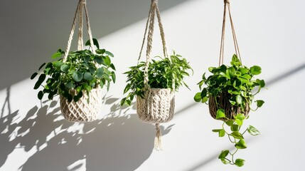 Three Green Potted Plants Hanging in Macrame Holders Against White Wall