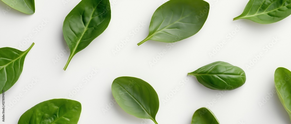 Poster flat lay of multiple green leaves arranged in a scattered manner on a white background. the leaves a