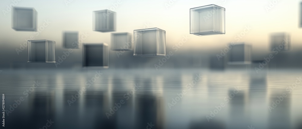 Poster group of transparent cubes floating in the air over a body of water. the cubes are of different size