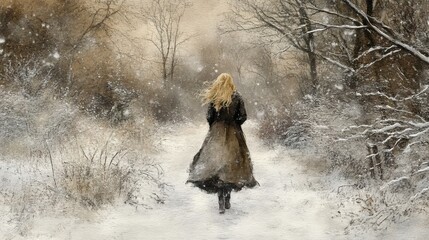 Woman Walking Through Snowy Path in Winter Wonderland Landscape
