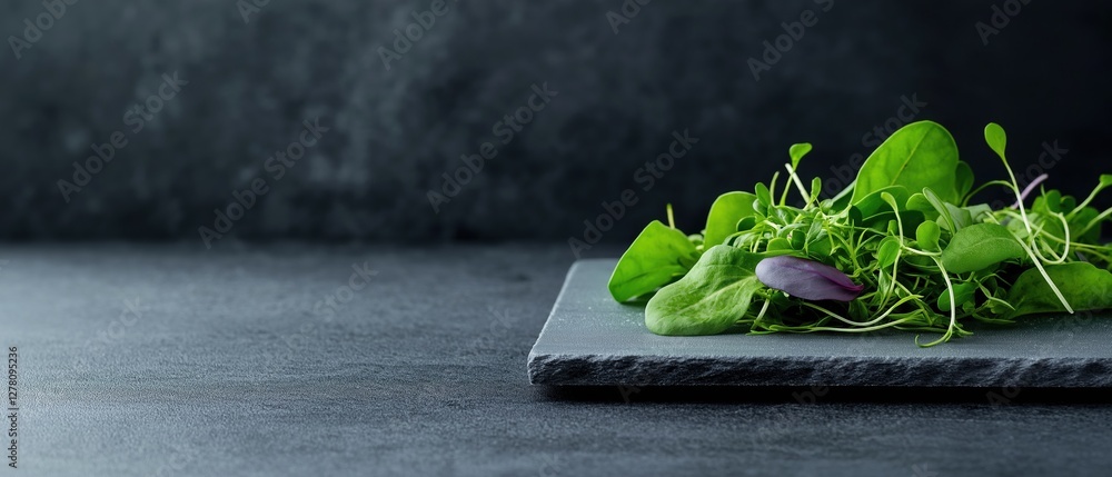 Poster small pile of fresh green leafy vegetables on a black slate plate. the leaves are arranged in a way 