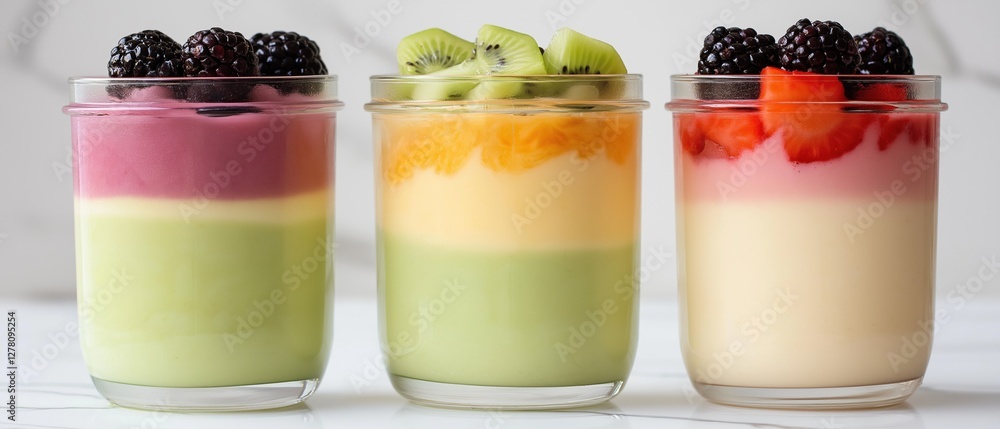 Poster three small glass jars filled with different types of fruit puddings. the jars are arranged in a row