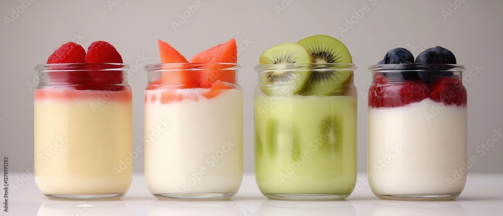 Poster Four small glass jars filled with different types of fruit. the jars are arranged in a row and are placed on a white surface.