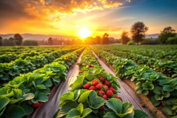 Golden Hour Strawberry Field Rows of lush green strawberry plants brimming with ripe, red berries bathed in the warm glow of a setting sun, a picturesque agricultural scene.