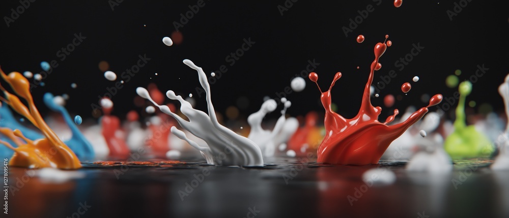 Poster close-up of a group of colorful splashes of paint on a black surface. the splashes are in various co