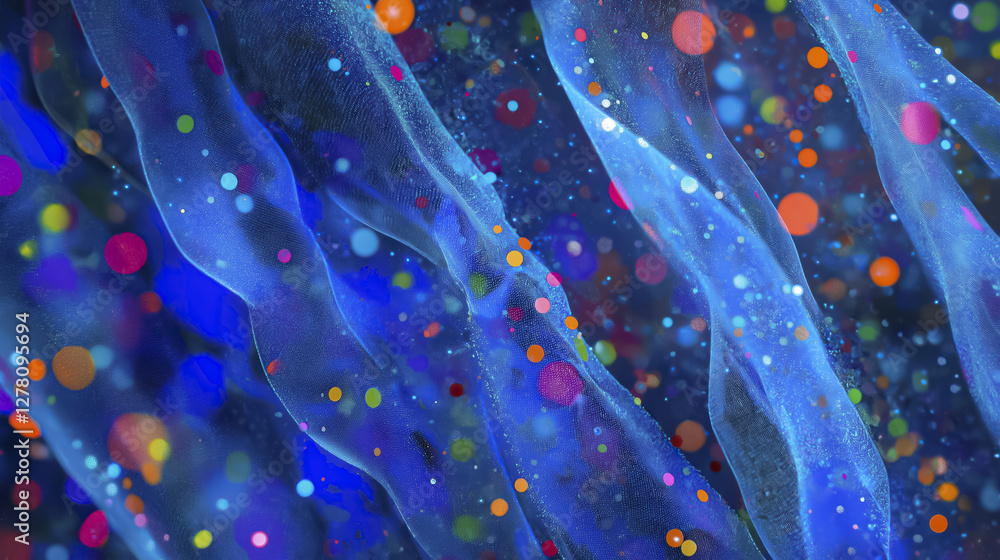Poster cascade of colorful digital dots flows through translucent blue waves, creating vibrant and dynamic 