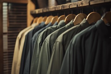 Obraz premium Neatly pressed shirts displayed on wooden hangers in a warm setting. Generative AI