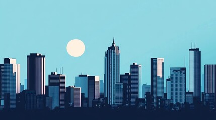 A vibrant skyline at sunset showcasing modern skyscrapers against a clear blue sky