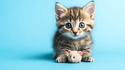 Little kitten with a tiny toy mouse in its paws on blue background