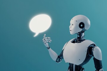 Futuristic Robot with Speech Bubble: Communication and AI Concepts