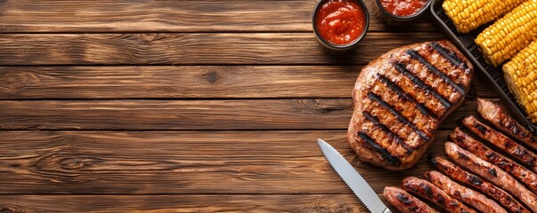 A top-down view of a loaded grill resting on aged pinewood planks, featuring warm golden hues and visible knots.