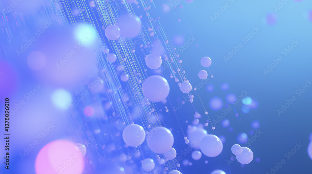 Poster cascade of digital dots and spheres flows through vibrant blue background, creating dynamic and futu