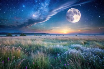 Serene Meadow Underneath a Night Sky Illuminated by a Full Moon and a Galaxy of Stars