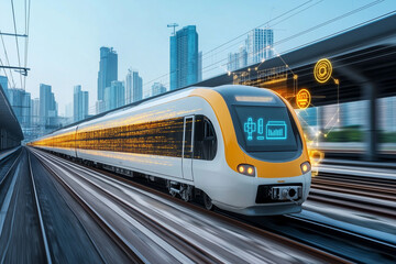 Naklejka premium Concept of an e train with virtual icons computer