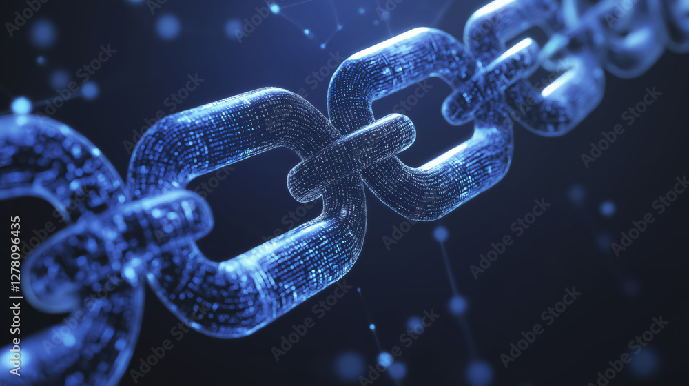 Poster digital chain glowing with blue light represents blockchain technology and connectivity. abstract de