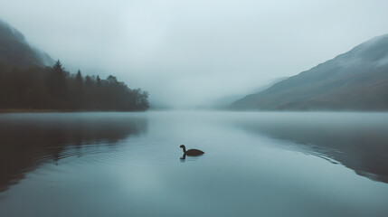 Tranquil landscape with foggy water, serene lake surrounded by misty mountains reflecting on calm surface, peaceful nature scene.