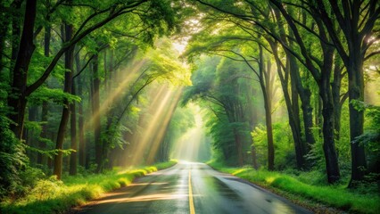 Obraz premium Sunbeams Illuminate a Serene Forest Road, Casting a Magical Glow on Lush Greenery and Wet Asphalt