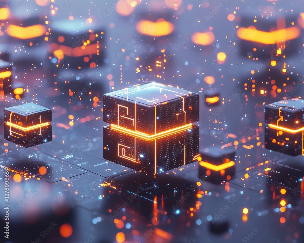 Poster futuristic digital blocks with glowing lines and particles