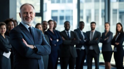 A hyper-realistic stock image of a confident business leader standing in front of a large, diverse team in a modern office setting.