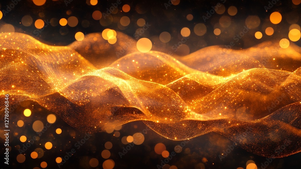 Poster golden illuminated wave forms are beautifully flowing in an image