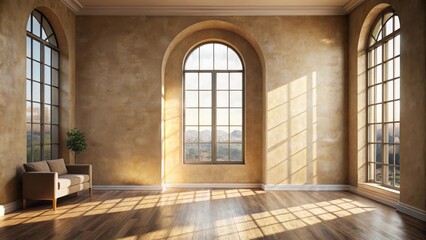 Sunlit Room with Arched Windows and Hardwood Floor, Offering a Serene and Spacious Atmosphere